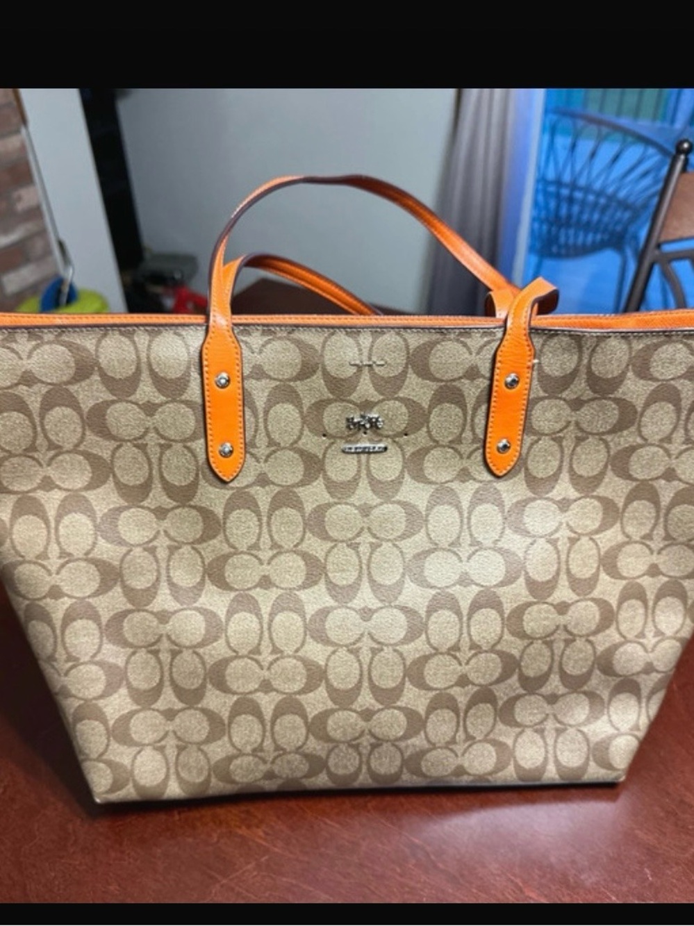 Coach Signature Canvas Tote with Orange Trim and Handles